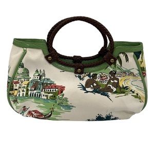 HILFIGER Canvas & Leather Printed "Scenes Of Venice" Braided Handles Vintage